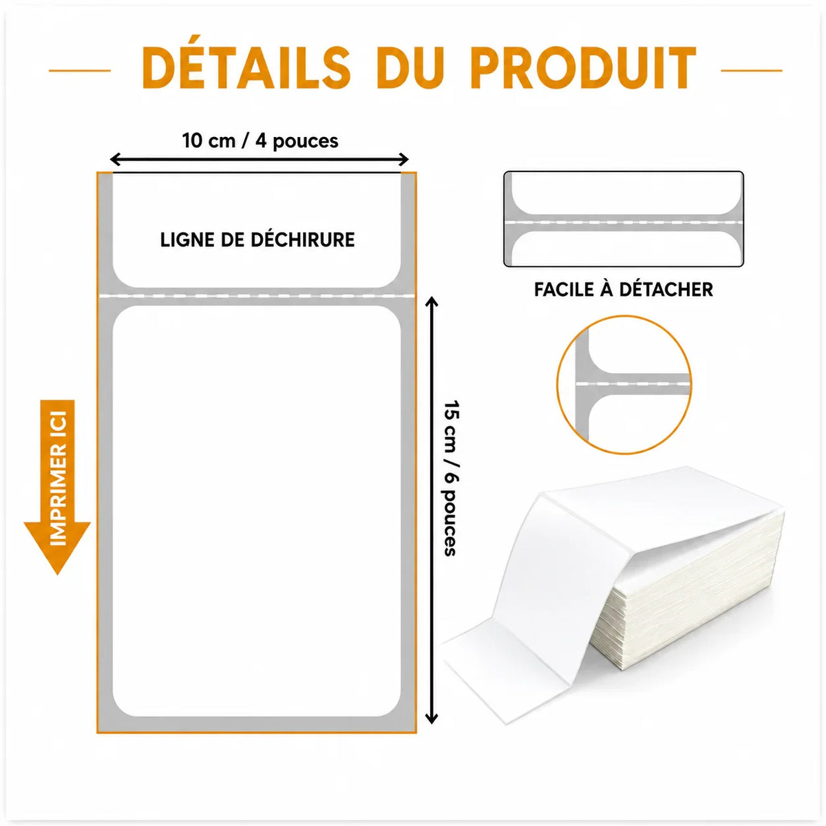 Étiquettes thermiques 10x15 cm, ligne de déchirure, facile à détacher pour colis Amazon, Vinted, Shopify
