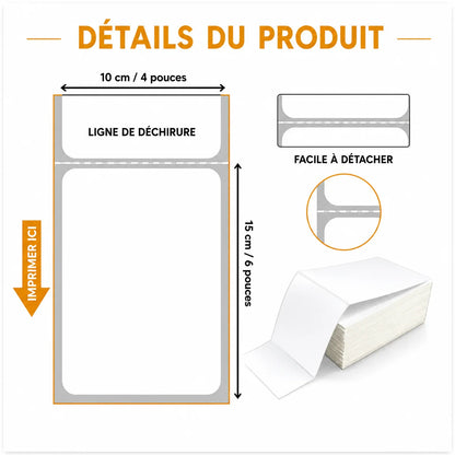 Étiquettes thermiques 10x15 cm, ligne de déchirure, facile à détacher pour colis Amazon, Vinted, Shopify