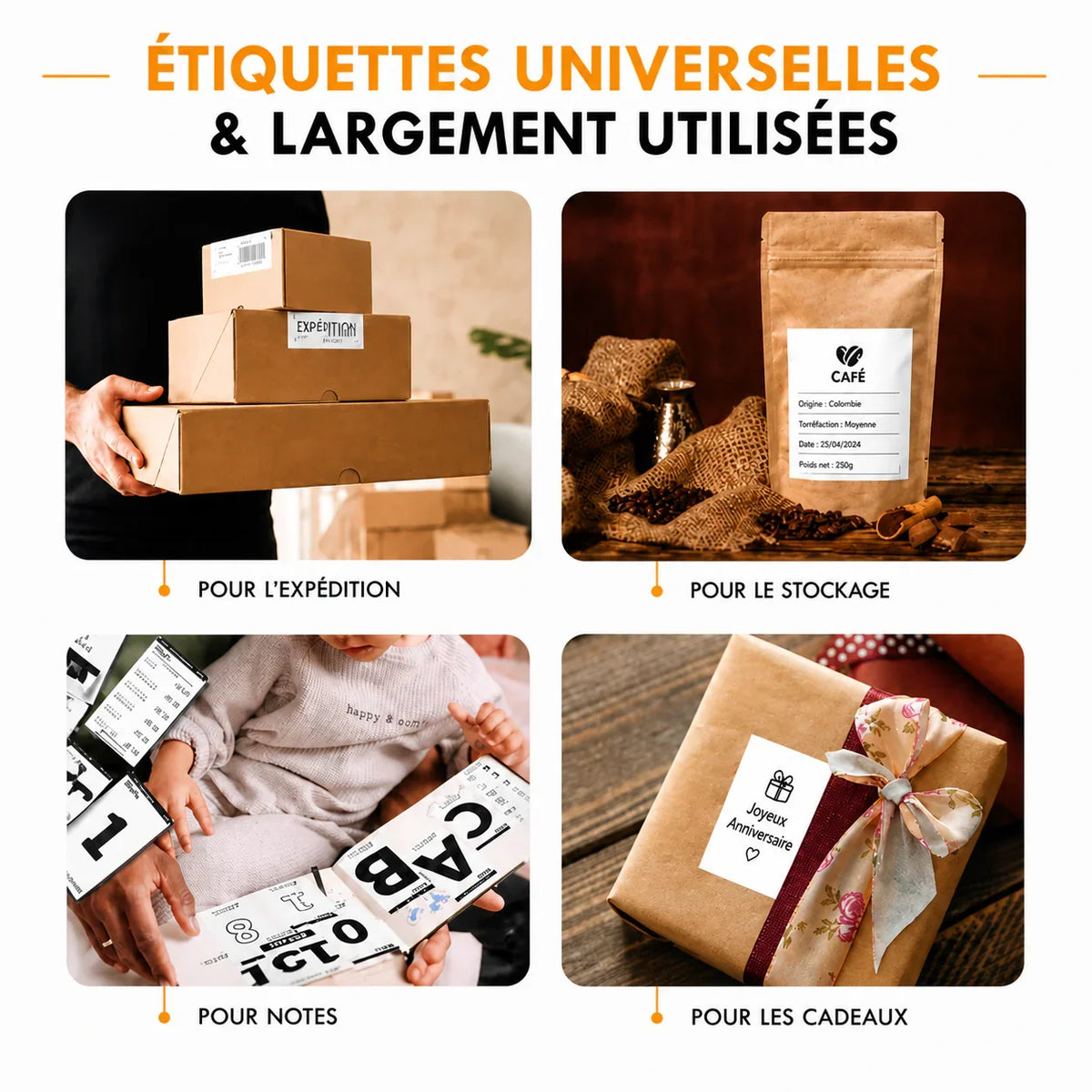 Étiquettes universelles pour expédition, stockage, notes et cadeaux - imprimante thermique sans encre