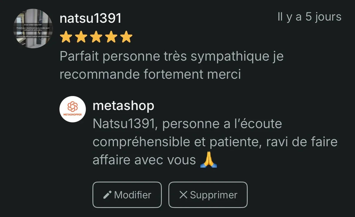 Avis client 5 étoiles sur Metashopper, recommandation positive et réponse de l'équipe