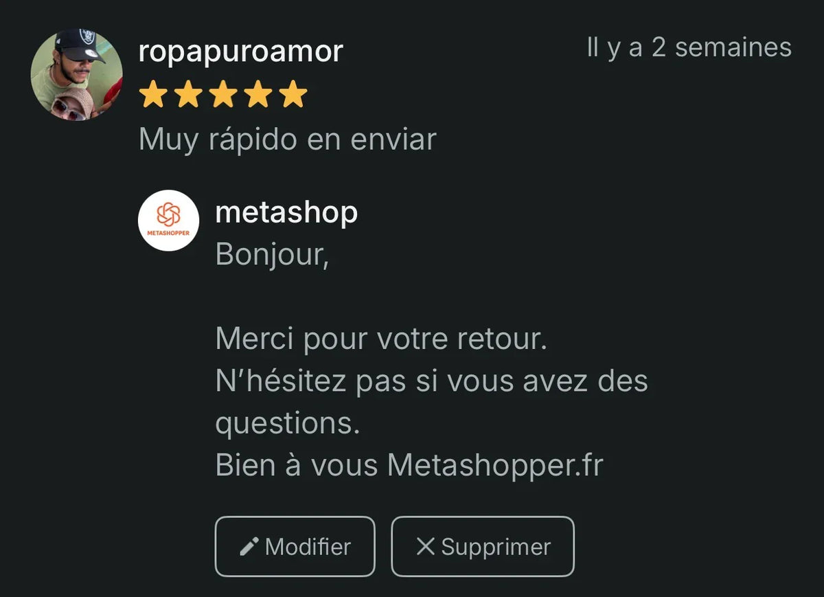 Avis client 5 étoiles sur Metashopper.fr, livraison rapide pour imprimante thermique sans encre
