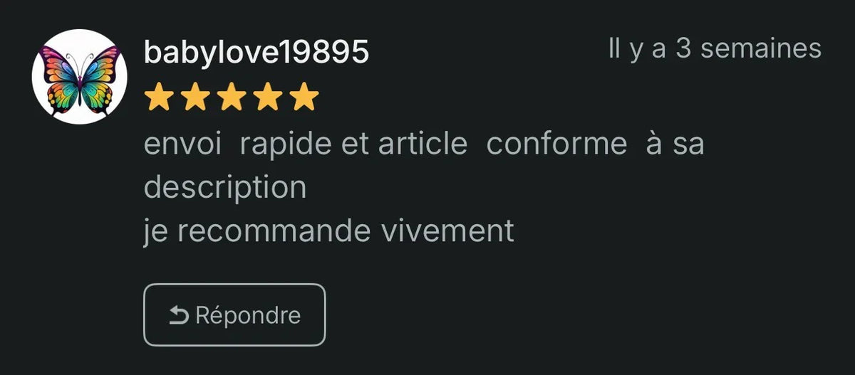 Avis client 5 étoiles sur l'envoi rapide et l'article conforme à la description