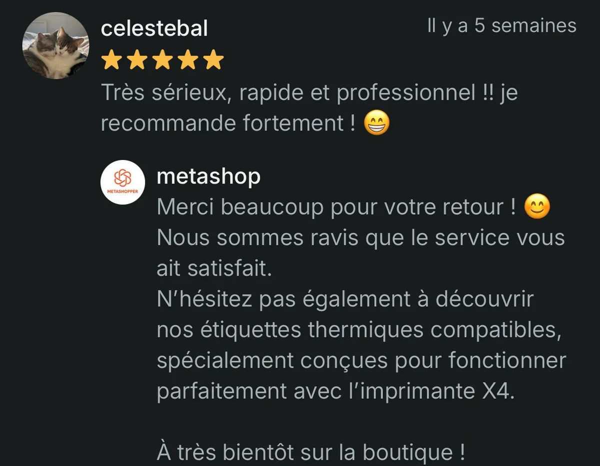 Avis client 5 étoiles sur imprimante thermique sans encre pour colis Vinted Amazon Shopify