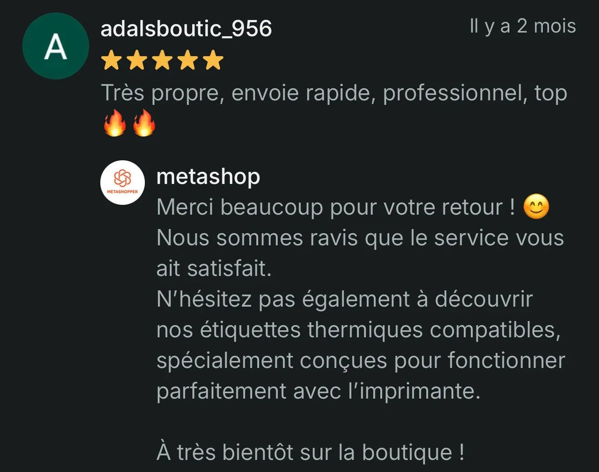 Avis client 5 étoiles sur imprimante thermique sans encre pour colis Vinted Amazon Shopify