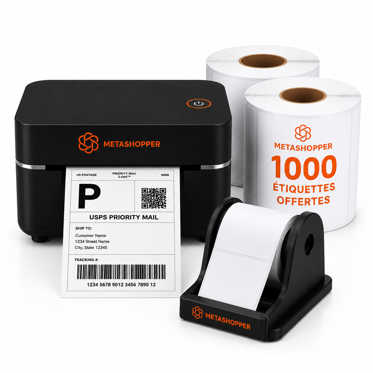 PACK BUSINESS PRO - IMPRIMANTE THERMIQUE + 1000 ÉTIQUETTES ADHÉSIFS + 1 SUPPORT D'ÉTIQUETTES 