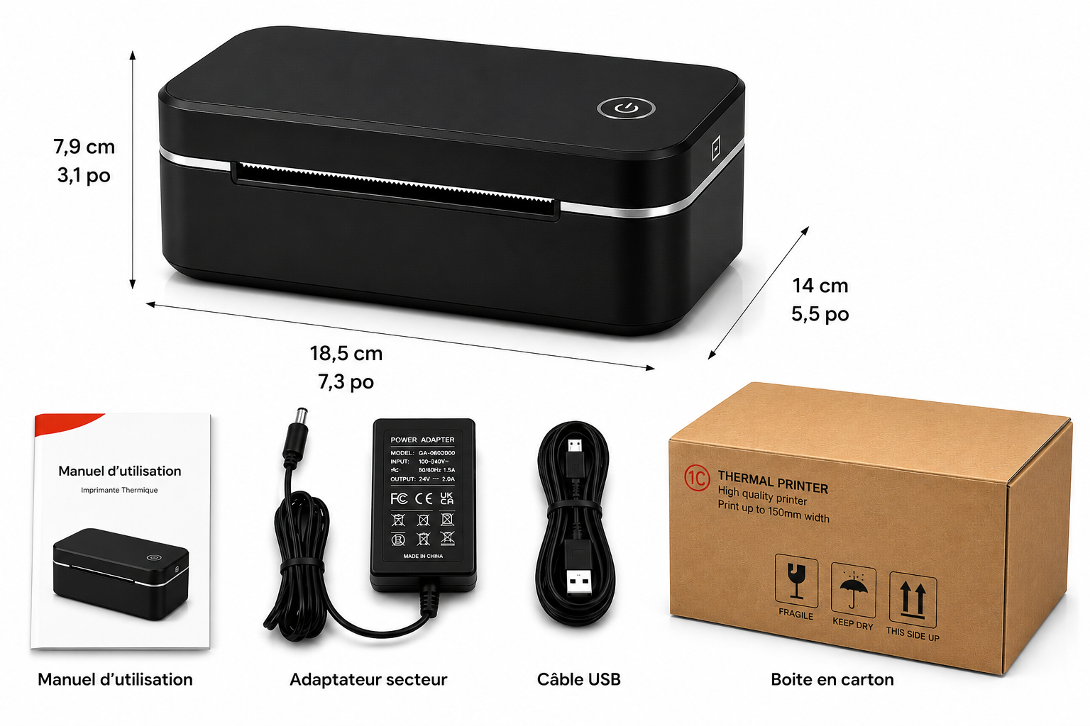 Contenu boîte imprimante thermique Metashopper câble USB manuel français