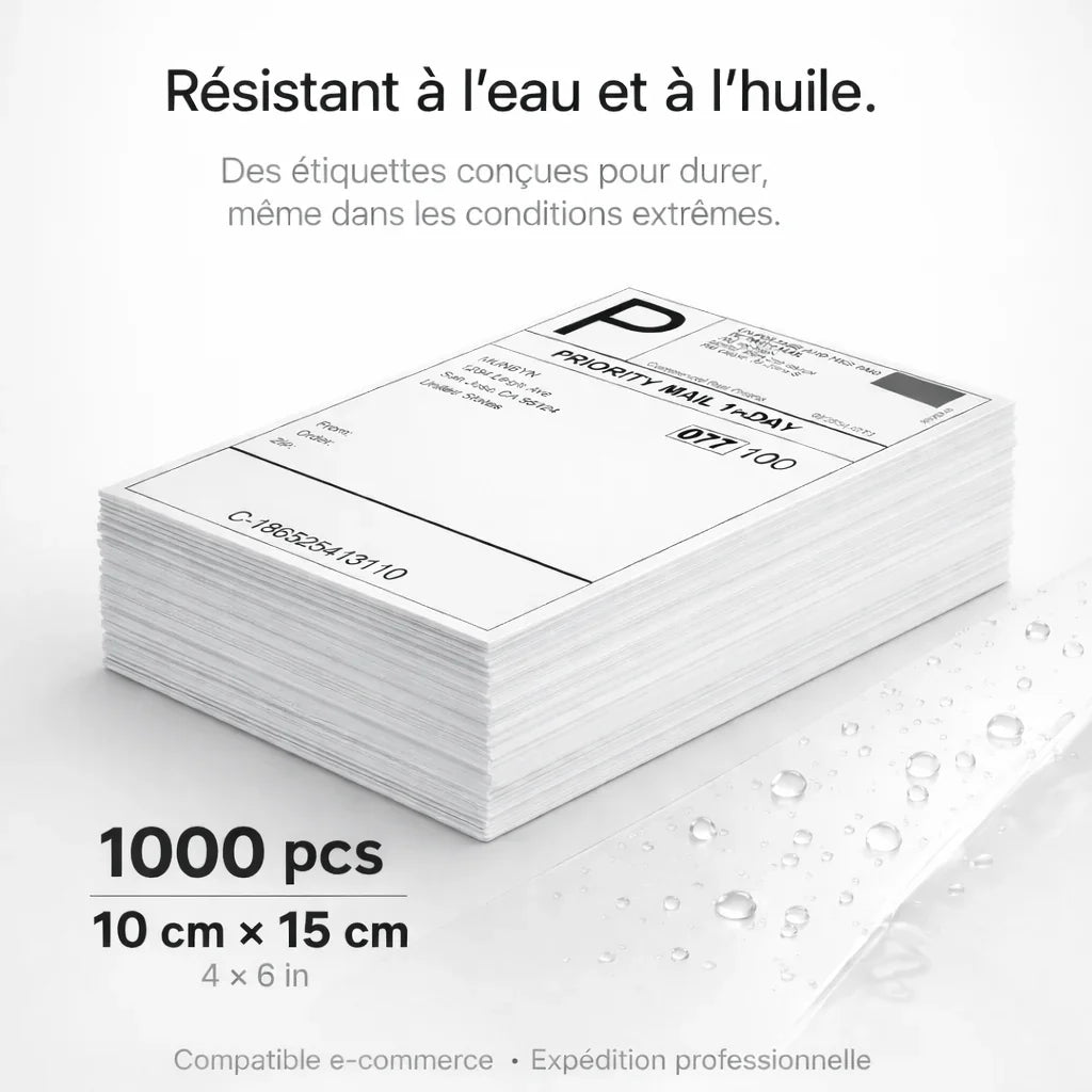 Étiquettes thermiques 10x15 cm résistantes à l'eau, idéales pour e-commerce et expéditions professionnelles